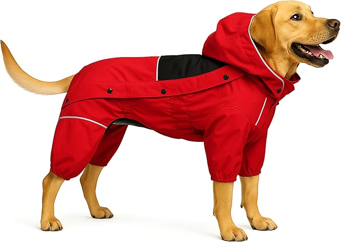 LOVELONGLONG Fleece-Lined Dog Raincoat with Removable Hood – Waterproof Winter Full Body Dog Jacket – Windproof Snowproof Cold-Weather Suit – Red-F L