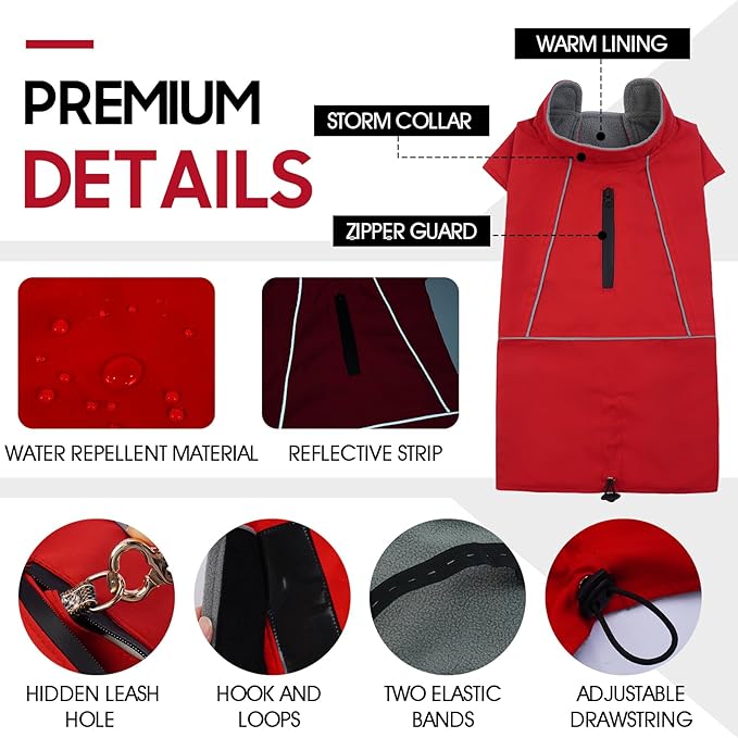 ROZKITCH Great Dane Sweater, Waterproof Windproof Dog Rain Jacket with Fleece Liner and Leash Hole Reflective Strip for Giant Dog, Adjustable Poncho Vest for Outdoor Hiking Travel Red 4XL