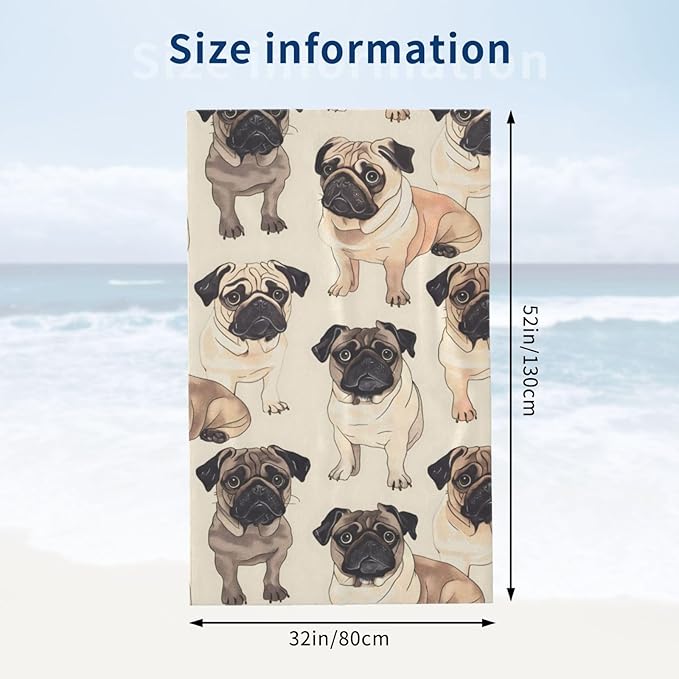 Pug Beach Towel Cute Dog Sand-Free Microfiber Bath Towel Ultra Soft Quick Dry Pool Towel Absorbent Towel Lightweight Towel Gifts for Outdoor Bathroom Swimming Decor 31inx51in