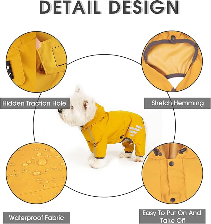 Dog Raincoat, Waterproof Dog Rain Jacket with Hood, Rain Coat with Leash Hole, Reflective Strap for Small Medium Dogs, Outdoor Adventures/Walking Lightweight Puppy(Yellow,S)