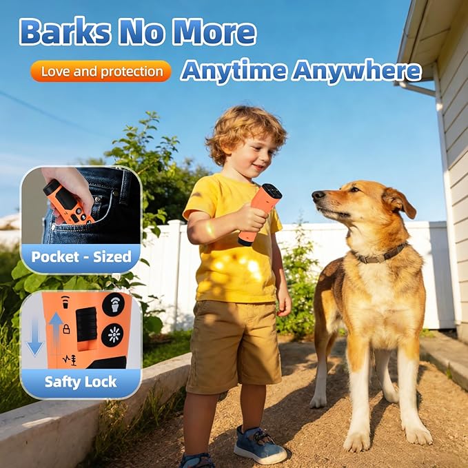 4X Ultrasonic Dog Bark Deterrent Device, 2026 Newest Stop Neighbors Dog Barking, 4 Nozzles Up 100% Efficiency, 3 Modes Humane Training Tool with Flashlight , Safe for Pet Indoor Outdoor（Orange）