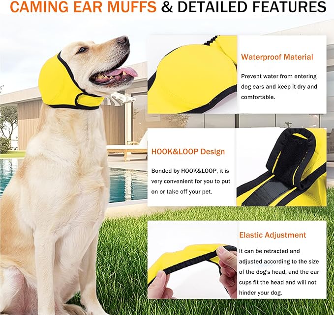 BAMY Swimming Waterproof Dog Ear Caps Calming Large Dog Ears Cover Shower Cap for Ear Protection for Bath for Grooming (Yellow, L (Size L: Head Circumference 18"-24"))