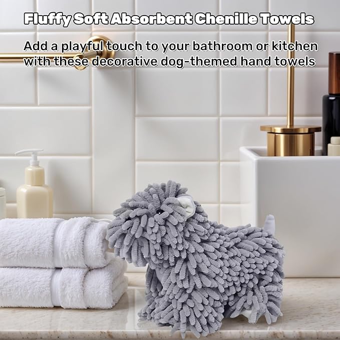 Cute Puppy Chenille Hand Towel, Puppy Shape Fuzzy Ball Hand Towel, Fluffy Soft Absorbent Chenille Towels, Absorbent Decorative Fuzzy Ball Hanging Towel for Bathroom, Washstand (Pink)