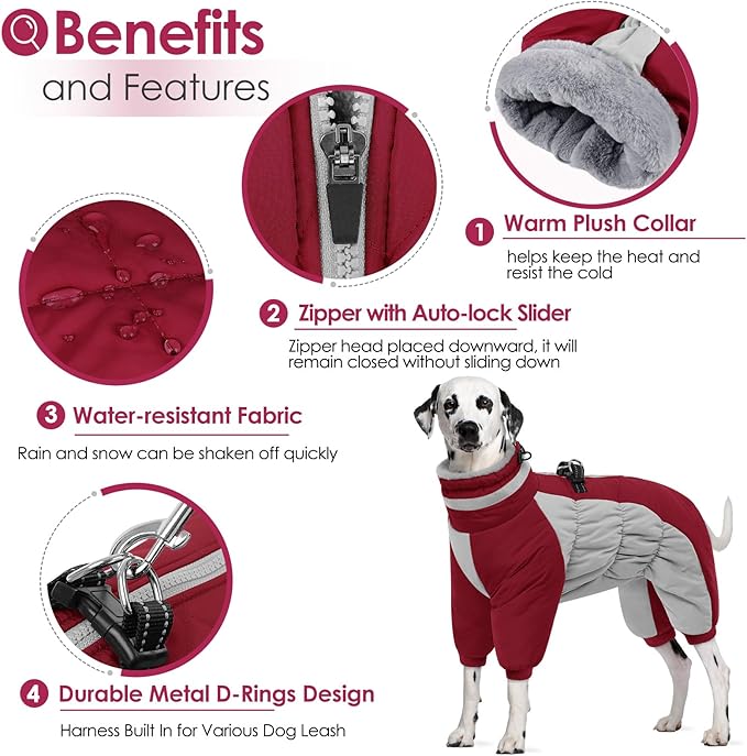 AOFITEE Fullbody Dog Coat Warm Fleece Dog Jacket, Windproof Dogs Winter Coat with Harness Built in, Reflective Turtleneck Dogs Snowsuit Puffer Jacket, Four Legged Pet Snow Suit, Christmas Red M