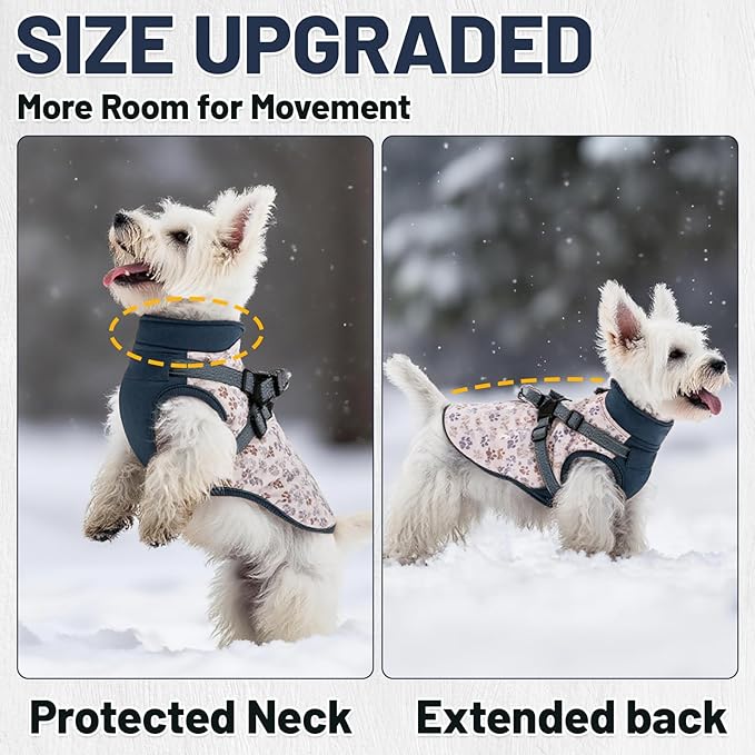 Dog Winter Coat for Small & Medium Dogs, Waterproof Dog Coat with Harness, Puppies Windproof Puppy Puffer Jacket, Snowsuit for Dachshund, Frenchie, Corgi (Paw Blue,L)