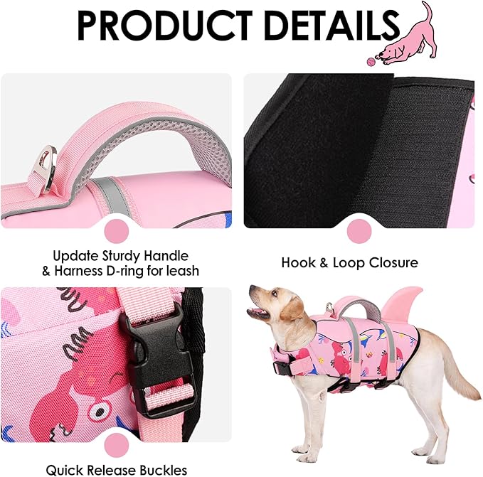 AOFITEE Dog Life Jacket, Dog Life Vest for Swimming, Shark Dogs Swimming Vest with Rescue Handle and Reflective Stripe, Ripstop Pet Float Coat Swimsuit Lifesaver Small Medium Large Dogs Pink XL