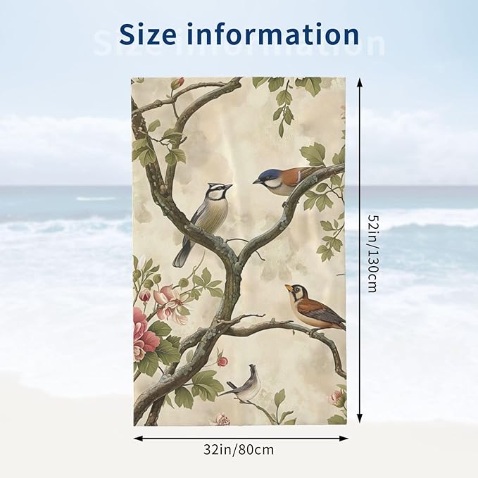 Vintage Floral Bird Beach Towel Birds Sand-Free Microfiber Bath Towel Ultra Soft Quick Dry Pool Towel Absorbent Towel Lightweight Towel Gifts for Outdoor Bathroom Swimming Decor 31inx51in