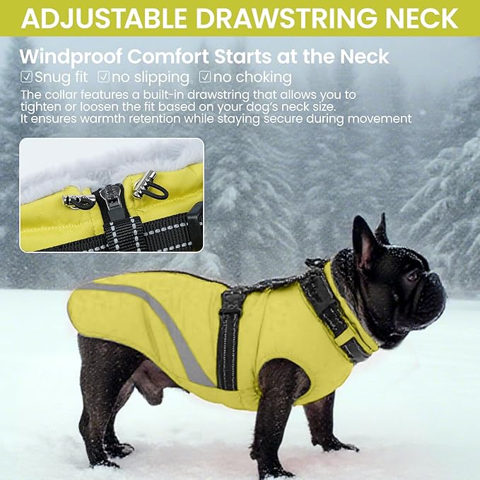 QBLEEV Warm Dog Coat for Medium Dogs, Waterproof Dog Winter Jacket with Built-in Harness & Reflective, Snowproof Warm Coat with Zip Closure, Windproof Neck Drawcord Snow Jackets, Green, L