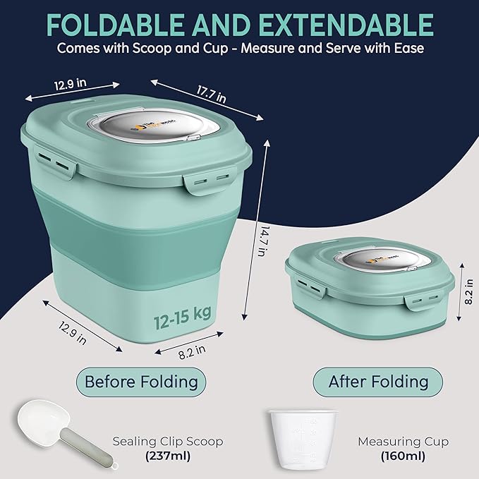 Dog Food Storage Container 30-35 lb, Airtight Collapsible Cute Dog Food Container with Wheels & Scoop, Stackable Pet Food Storage Container for Dog & Cat Food (Green)