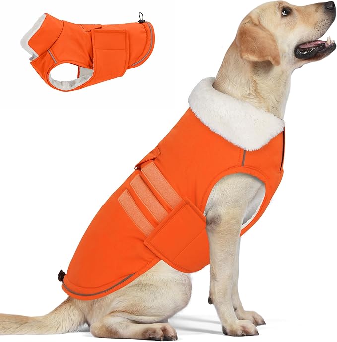 Mklhgty Extra Warm Dog Coat, Waterproof Dog Winter Jacket with Leash Portal, Fleece Reflective Pet Snow Vest for Small Medium Large Dogs - Orange - M