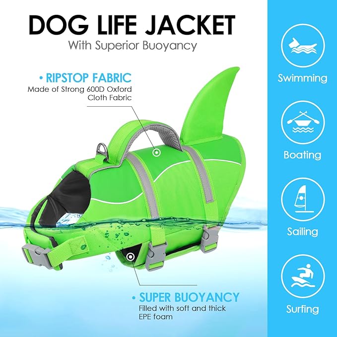 AOFITEE Dog Life Jacket, Dog Life Vest for Swimming, High Flotation Large Dogs Swim Vest with Rescue Handle, Reflective Dogs Lifesaver Swimsuit for Boating Summer Pool Beach, Green Shark XL