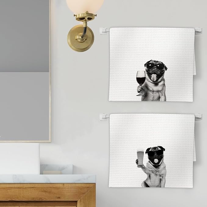 Gifts for Pug Dog Wine Lovers Kitchen Towels Set of 2, Pug Gifts Wine Decorative Hand Dish Towel for Kitchen Home Bar, Funny PugDog Beer Lover Home Bar Cart Decor(16x24 Inch)