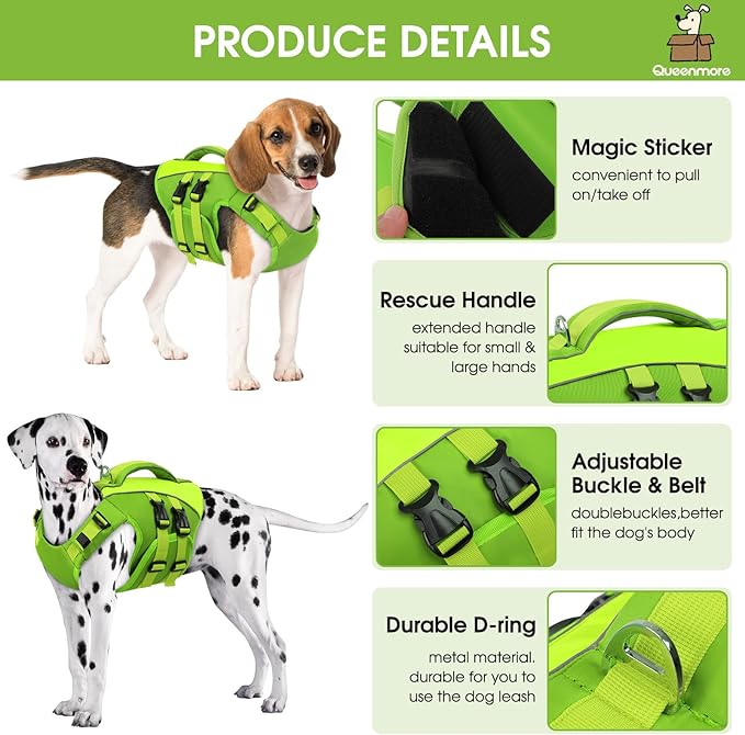 Queenmore Dog Life Jacket, Adjustable Ripstop Dog Life Vest for Swimming Boating, Pet Lifesaver with Superior Buoyancy and Rescue Handle, Pet Swimming Safety Vest(Green,L)