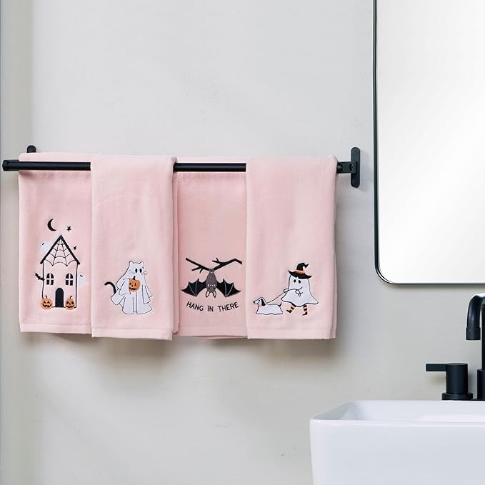 SKL Home Halloween Ghost Cat 100% Cotton Embroidered 2pc Hand Towel Set, Decorative for Bath/Kitchen/Bar & Gift, Pink