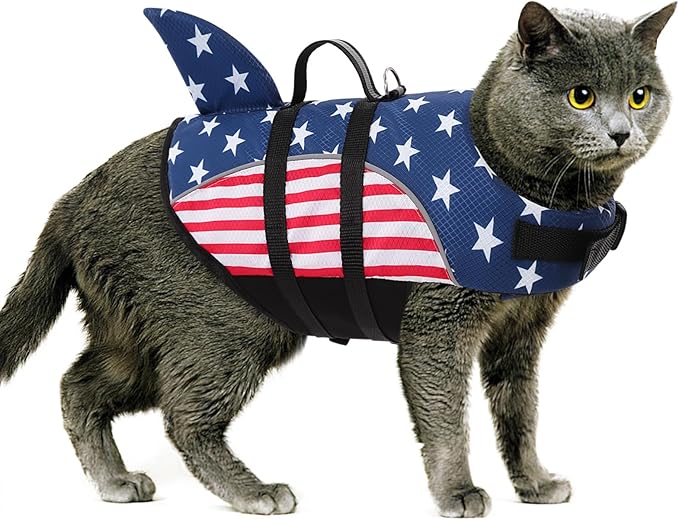Queenmore Large Dog Life Vest for Boating, American Flag Dog Life Vest for Swimming, Lightweight Medium Dog Life Jacket with Shark Fin/Rescue Handle/Leash Hook, L