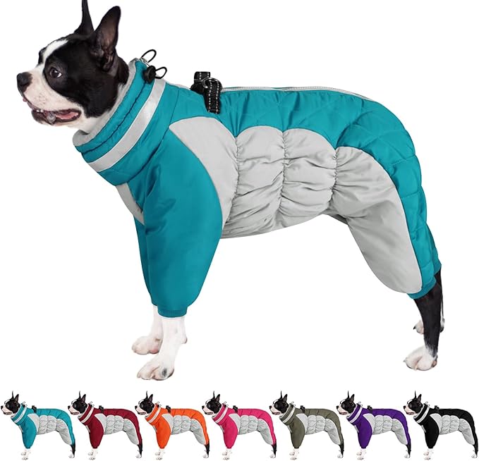 AOFITEE Fullbody Dog Coat Warm Fleece Dog Jacket, Windproof Dogs Winter Coat with Harness Built in, Reflective Turtleneck Dogs Snowsuit Puffer Jacket, Four Legged Snow Suit for Small Medium Large Pet