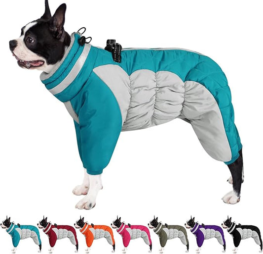 AOFITEE Fullbody Dog Coat Warm Fleece Dog Jacket, Windproof Dogs Winter Coat with Harness Built in, Reflective Turtleneck Dogs Snowsuit Puffer Jacket, Four Legged Snow Suit for Small Medium Large Pet