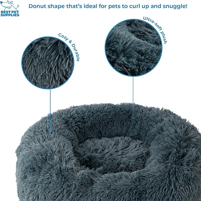 Best Pet Supplies Round Calming Dog Bed for Small, Medium & Large Dogs, Plush Donut Cuddler Pet Bed w/Raised Rim for Head, Neck Support, Anti-Slip Bottom Washable Bed - Gray, 20 x 20 x 6