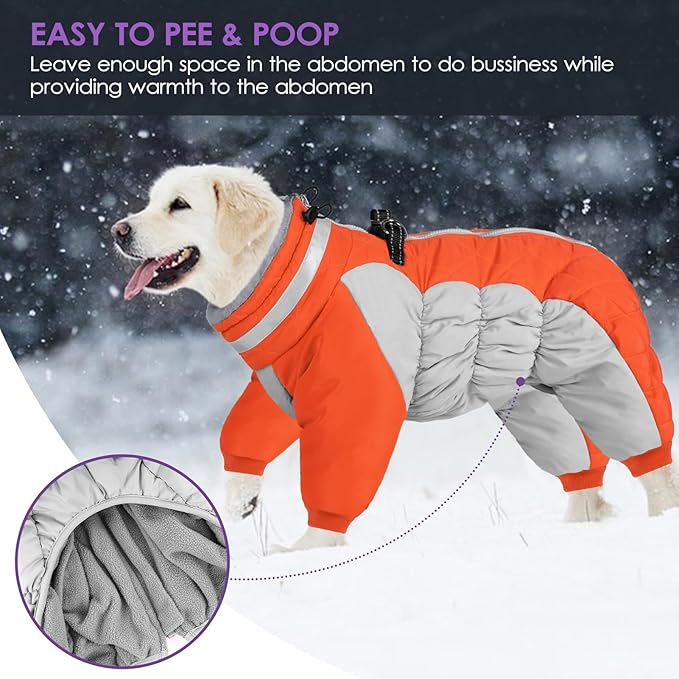 SUNFURA Full Body Dog Coat - Warm Fleece Jacket for Large Dogs, Turtleneck Winter Coats with Harness, Reflective Dog Snowsuit Windproof Puffer Jackets with Legs for French Bulldog, Orange L