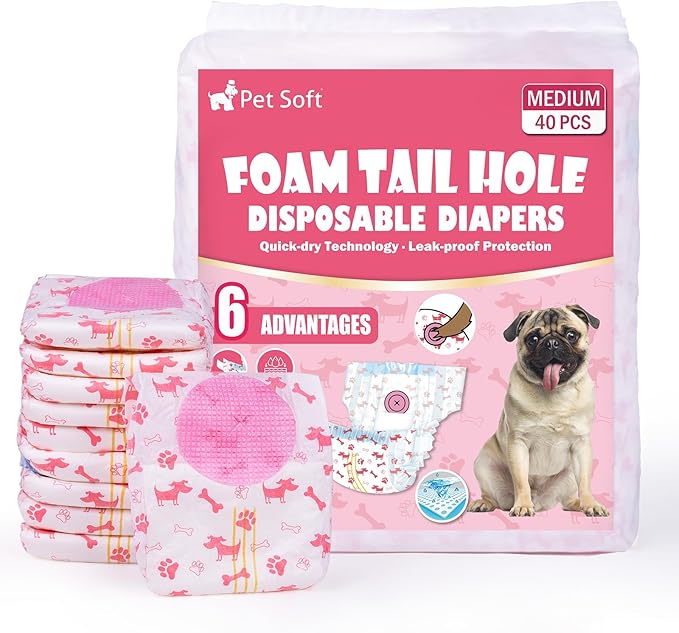 Pet Soft Disposable Dog Diapers - Female Dog Diapers with Adjustable Foam Tail Hole, Ultra Protection Puppy & Cat Diapers Wetness Indicator for Dogs in Heat or Incontinence, 40pcs (M,Red)