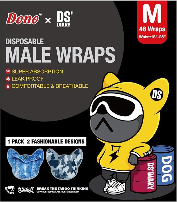 Dono Dog Diapers Male Disposable Male Dog Wraps, Wider Doggie Puppy Diapers, Male Belly Bands, Super Absorbent, Leak-Proof Fit, Excitable Urination, Incontinence, Medium 48ct