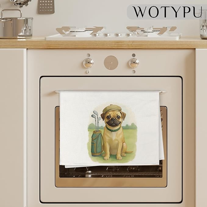 Funny Golf Pug Gifts Kitchen Towels, Dog Gifts for Women Men, Gifts for Pug Lovers Dish Tea Towels, Golf Lovers Gift Decorative Hand Towel for Bathroom, 16x24 Inch