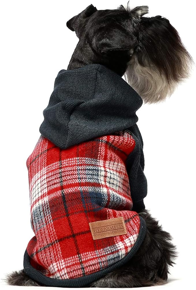 Fitwarm Tartan Plaid Dog Hoodie, Knitted Dog Clothes for Small Dogs Boy, Pet Sweater with Hood, Cat Fleece Lined Winter Outfit, Red, Navy Blue, XL
