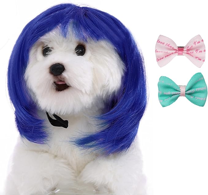 Funny Dog Wig Pet Costumes,Kediciz Cat Costume Synthetic Hairpiece Cosplay Wigs, Headwear for Halloween Christmas Festivals Party Decor, Fancy Dress,Adjustbale Size,Blue Straight