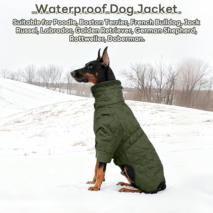 IDOMIK Dog Winter Coat for Large Dogs, Warm Dog Winter Jacket with Fleece High Collar, Zippered Cold Weather Coats for Dogs, Waterproof Doggy Snow Jacket Clothes,Green,L