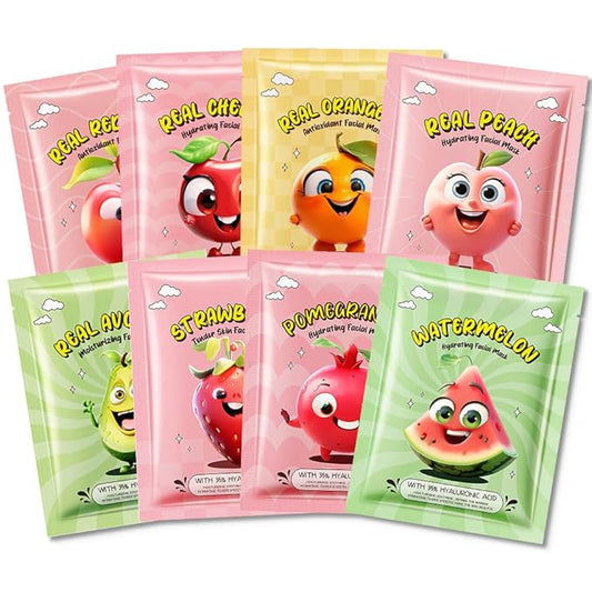 evpct 8-Pack Fruit Sheet Face Facial Masks for Women Skincare Spa, Facial Spa Day Slumber Sleepover Birthday Party Favors Supplies, Natural Ingredients, Hydrate and Soothe for All Skin Types, SetA01