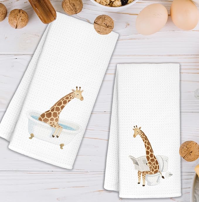 Funny Giraffe Bathroom Hand Towels Set of 2, Kids Bathroom Decor, Giraffe Gifts for Women Kids, Wild Animal Hand Towels for Bath Room Washroom Toilet, 16x24 Inch