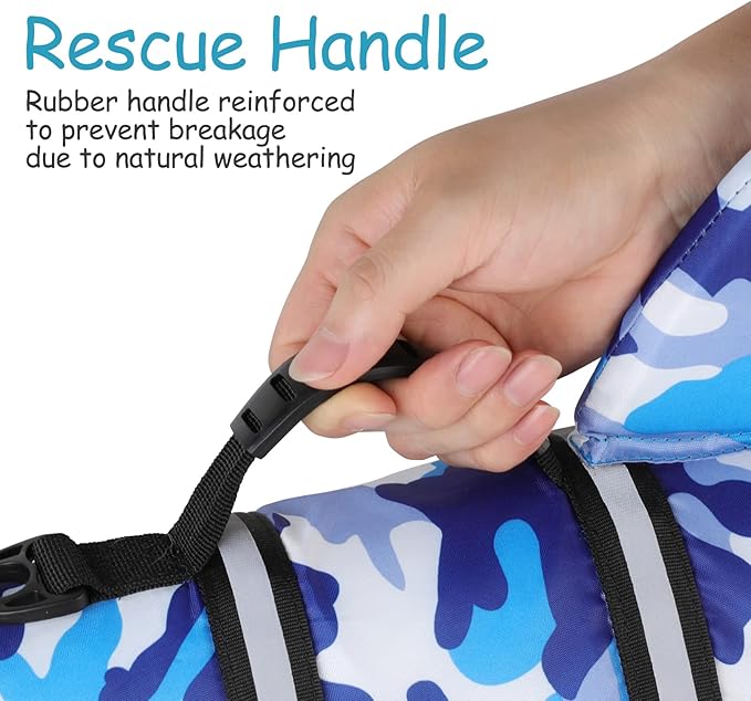 Fragralley Camo Dog Swimming Vest - Reflective, Lightweight Safety Vest with Superior Buoyancy & Rescue Handle for Small, Medium and Large Dogs, Swim, Pool, Beach, Boating