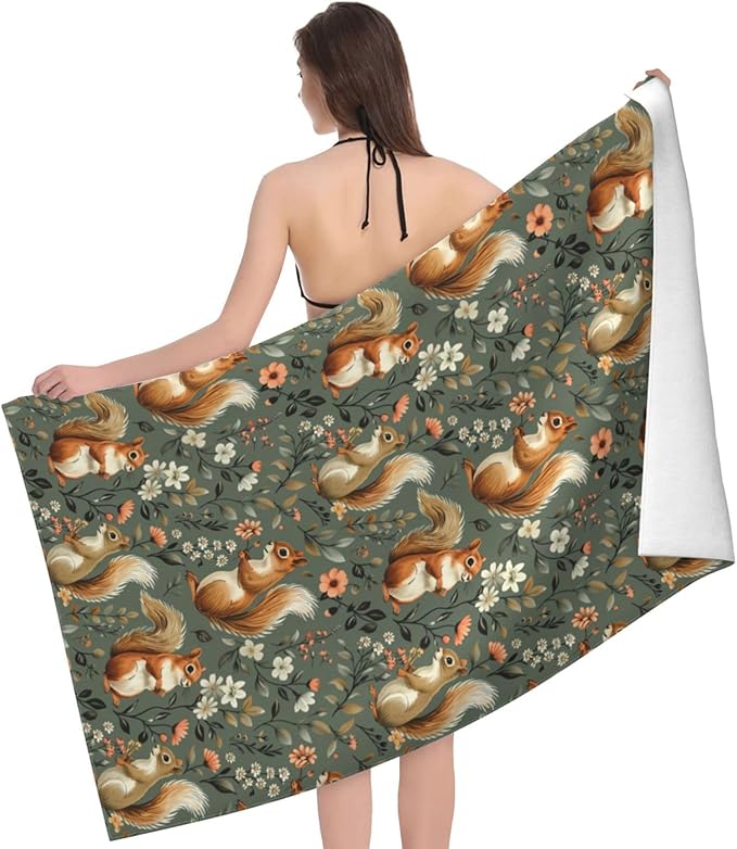 Squirrel Beach Towel,32x52in Microfiber Quick Dry Cute Woodland Animal Flowers Green Bath Towels,Soft Lightweight Oversized Sand Free,for Travel Pool Swimming Gym Decor,Gifts