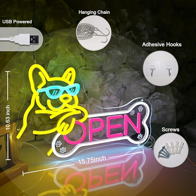 Britrio Pet Shop Open Neon Sign Dog Wall Decor for Pet Grooming Salon Open LED French Bulldog Neon Light Art for Pet Shop Business Welcome Sign Pet Hospital Pet Spa Animal Clinics Decoration 5V USB