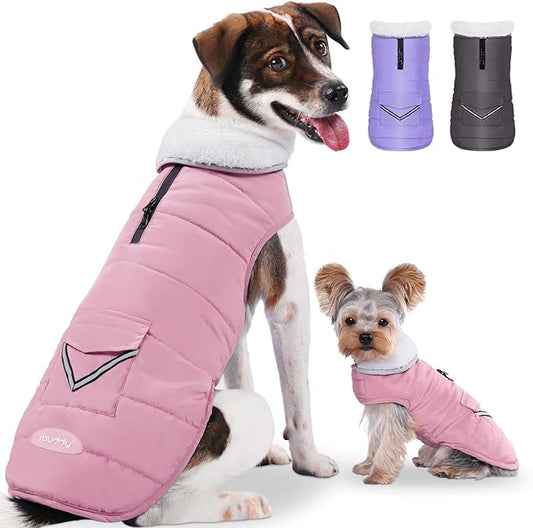 iBuddy Dog Winter Coat for Large Dogs, Easy on Dog Snow Coat Velcro Waterproof Pet Puffer Jacket with Harness Hole Adjustable Reflective Quilted Pet Cold Weather Vest Wind-Poof for Pitbull Boy Girl