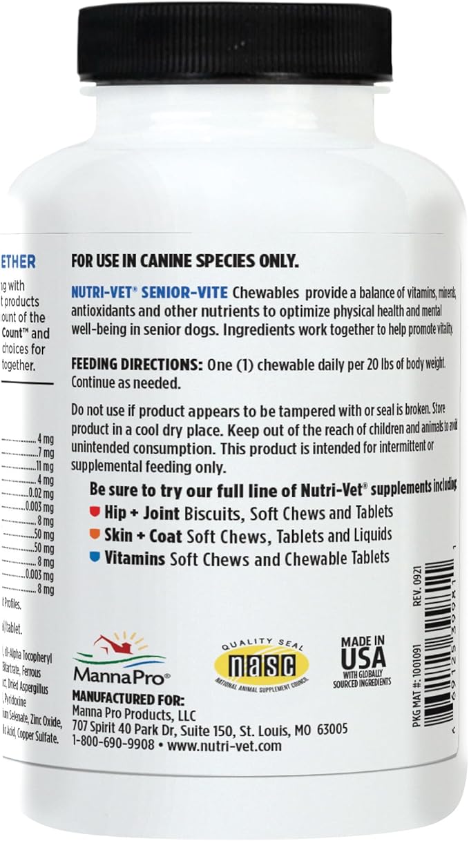 Nutri-Vet Senior-Vite Multivitamin, Dog Supplements, Immune Support, Pet Supplies, Vitamins for Dogs, Senior Essentials, Made in USA, Multivitamin for Pets, 120 Count