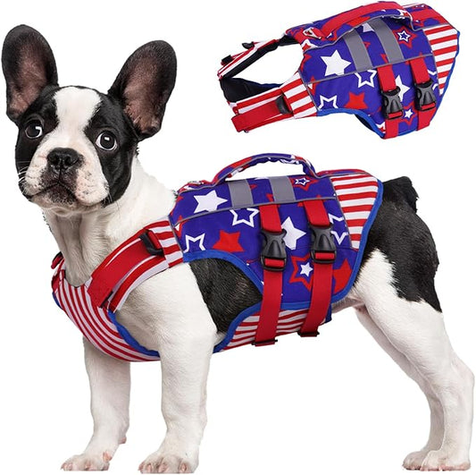 Kuoser Small Dog Life Jacket, High Flotation Dog Life Vest for Swimming Boating, Reflective Dog Swimming Vest Pet Life Preserver with Rescue Handle, Flag S
