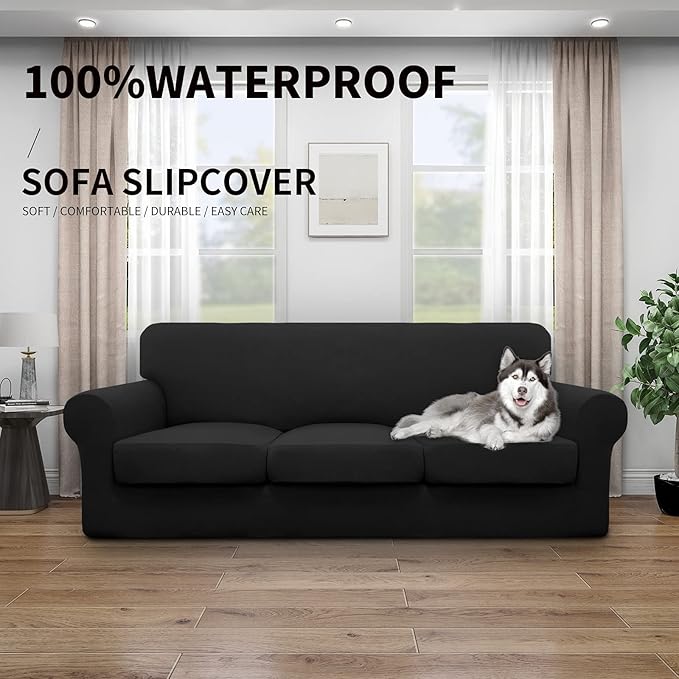 Easy-Going 100% Dual Waterproof 4 Pieces Oversized Cover Stretch Soft Couch Cover for Dogs, Sofa Slipcover for 3 Separate Cushion Couch Leakproof Furniture Protector for Kids, Pets Black