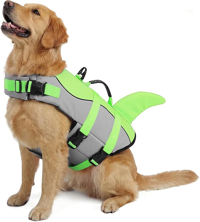 Queenmore Dog Life Jacket Ripstop Shark Dog Safety Vest Adjustable Preserver with High Buoyancy and Durable Rescue Handle for Small,Medium,Large Dogs, Green Shark Large