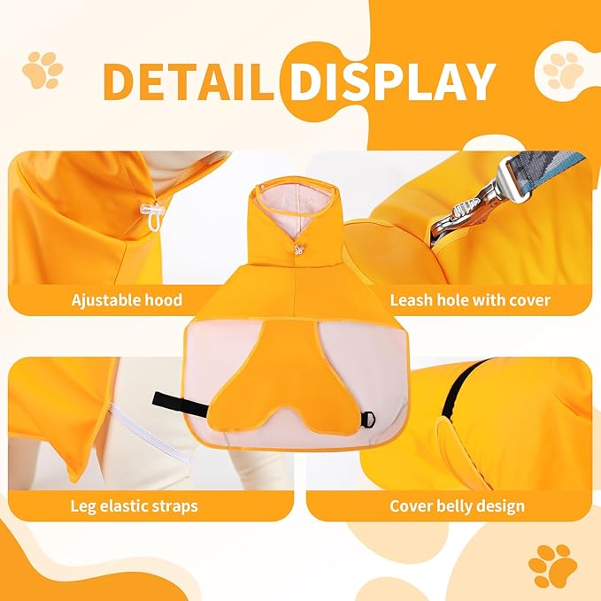 Dog Raincoat, Waterproof Windproof Dog Rain Jacket with Hood, Rain Coat with Leash Hole, Adjustable Raincoat Poncho for Small Medium Large Dogs Outdoor (Yellow, L+)