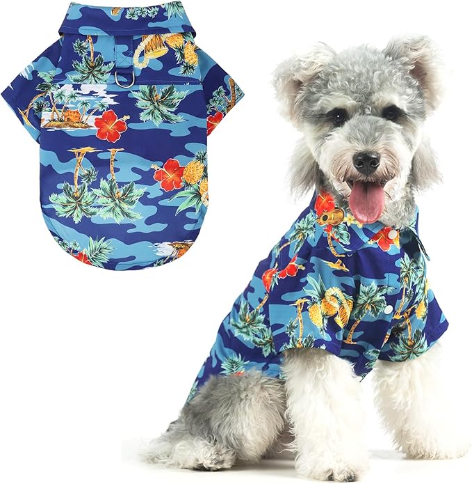 KOOLTAIL Dog Hawaiian Shirt, Dog Summer Clothes with Leash D-Ring for Small Medium Dogs, Floral Cool Beach Puppy Shirts with Sun Protection,Breathable Soft Pet Outfit Indoor&Outdoor Boy&Girl, Blue M