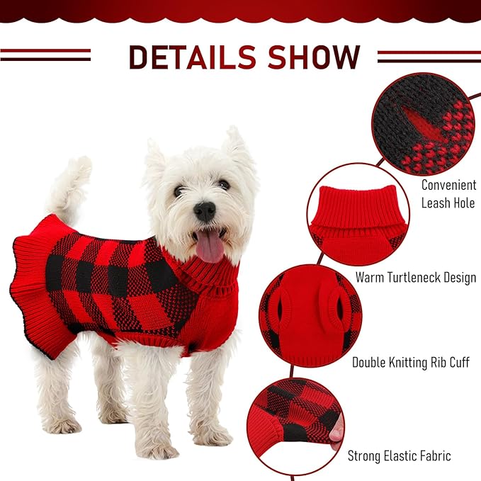 Dog Sweater Dress Plaid Knitwear for Small Medium Dogs Warm Puppy Pet Turtleneck Stretch Pullover Cute Fall Winter Vest Clothes with Leash Hole for Christmas (Red, 2XL)