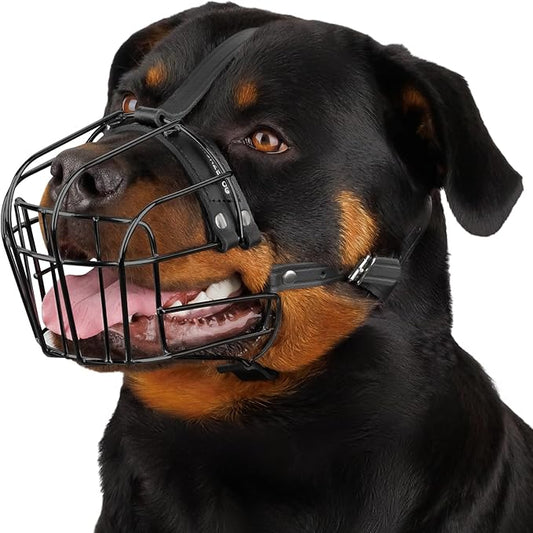 BRONZEDOG Dog Muzzle Adjustable Durable Metal Wire Basket for Large and Extra Large Dogs with Leather Straps Breathable, Drinkable, Adjustable, Training, Prevents Biting (PVC, Rottweiler)