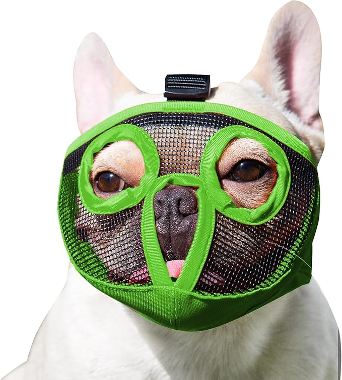 Short Snout Dog Muzzles- Adjustable Breathable Mesh Bulldog Muzzle for Biting Chewing Licking Grooming Dog Mask,Green S