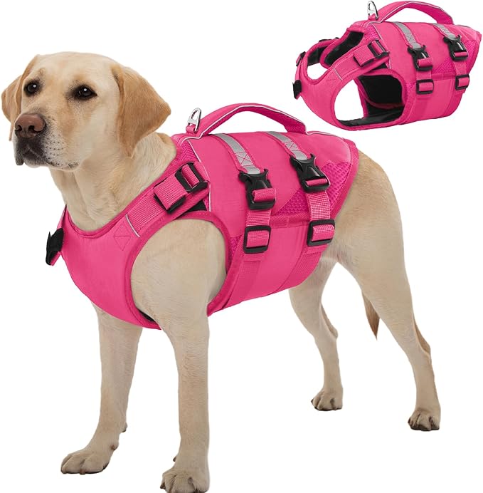 Kuoser Dog Life Jacket, High Flotation Dog Life Vest for Swimming Boating, Adjustable Ripstop Pet Lifesaver for Small Medium and Large Dogs, Reflective Safety Puppy Swimming Vest with Rescue Handle