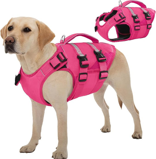 Kuoser Dog Life Jacket, High Flotation Dog Life Vest for Swimming Boating, Adjustable Ripstop Pet Lifesaver for Small Medium and Large Dogs, Reflective Safety Puppy Swimming Vest with Rescue Handle