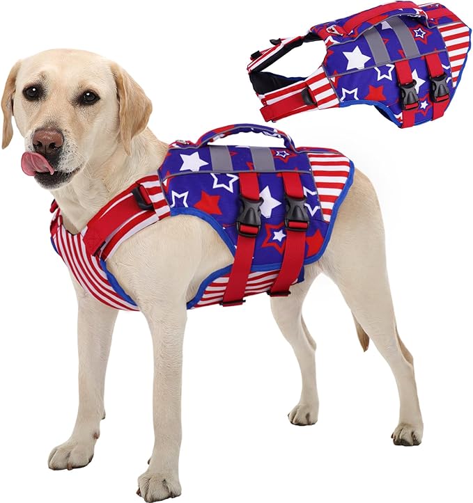 Kuoser XL Dog Life Jacket, Large High Flotation Dog Life Vest for Swimming Boating, Reflective Dog Swimming Vest Pet Life Preserver with Rescue Handle, Flag XL