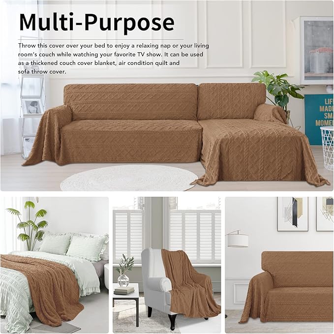 Easy-Going 80X118 inches Loveseat Sofa Cover, Jacquard Velvet Couch Slipcover for 2 Cushion Couch, L Shape Sectional Covers for Dogs, Washable Sofa Blanket, Furniture Protector for Pets, Camel