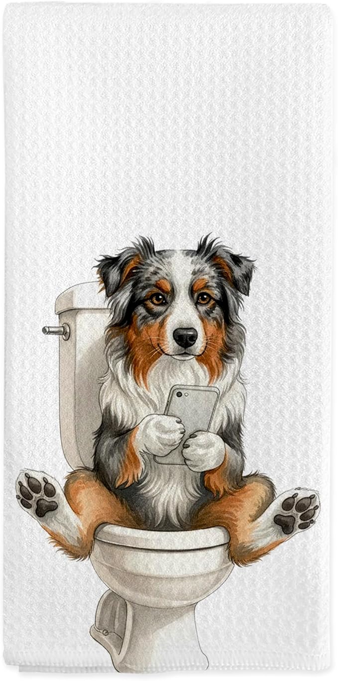 Funny Australian Shepherd Gifts Hand Towels for Bathroom, Dog Bathroom Decor, Australian Shepherd Dish Tea Towels, Dog Theme Hand Towel for Toilet Kitchen Washroom Decor, 16x24 Inch
