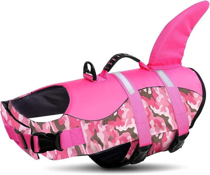 Queenmore Dog Life Jacket Ripstop Dog Shark Safety Vest Adjustable Preserver with High Buoyancy and Durable Rescue Handle for Small,Medium,Large Dogs, Pink Camouflage X-Small